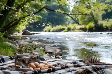 A peaceful riverside scene with a Labor Day picnic setup, complete with a checkered blanket and themed picnic basket.