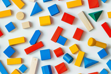 Colorful wooden toy blocks arranged in a pattern on a white background, creating a playful and educational design.