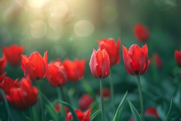 Fototapeta premium Beautiful background with red tulips. attention on a single blossom.