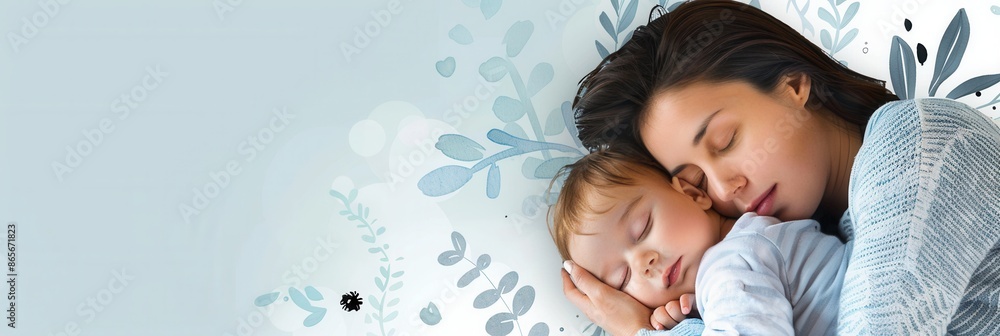 Aufkleber a mother peacefully rests with her sleeping baby in bed, creating a calming and serene atmosphere. g