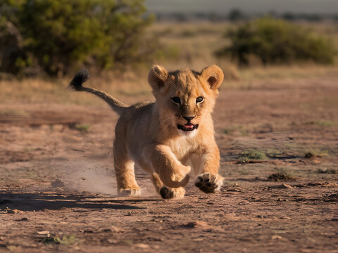 Peque&ntilde;o le&oacute;n corriendo en la selva