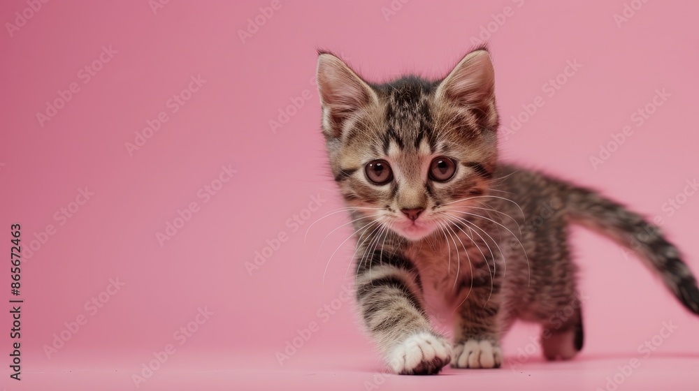 Poster kitten with tabby markings playing on pink background on web banner with copy space