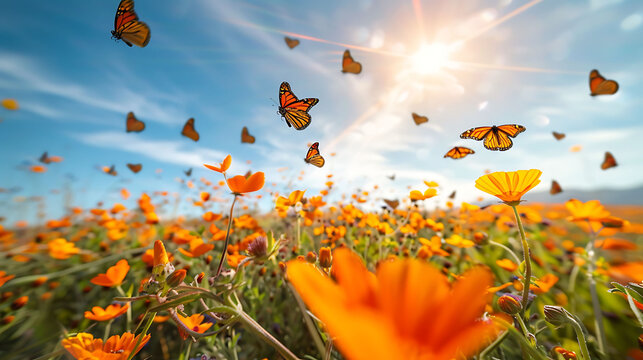 Breathtaking display of wildflower bloom California Superbloom Trail USA during spring season vibrant color carpeting landscape far eye can see captured 