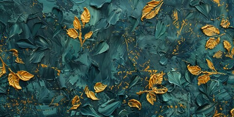Green background with golden leaves, rough brush strokes