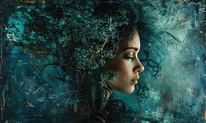 portrait of animalistic woman Turns into a tree, intricate details, fluid lines, nature-inspired forms