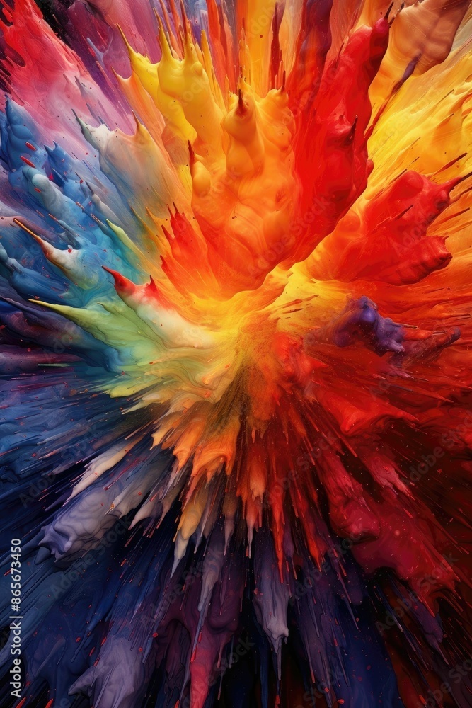 Poster explosive color burst in orange, pink, and blue. vertical image of exploding motion of multicolored 