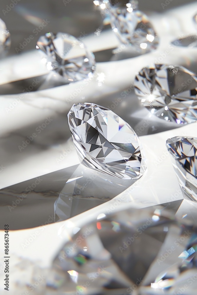 Poster a close-up view of a cluster of diamonds resting on a table surface, highlighting their sparkle and 