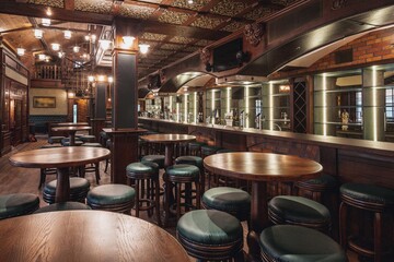 4K Ultra HD Close-Up of Interior Wooden Retro Pub, Empty of People