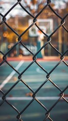 Naklejka premium Chain link fence with blurred background of outdoor basketball court, selective focus. Urban sports and recreation concept