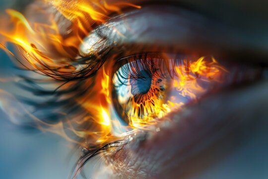 A detailed shot of a person's eye with flames licking at the lashes