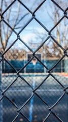 Chain link fence with blurred basketball court in the background