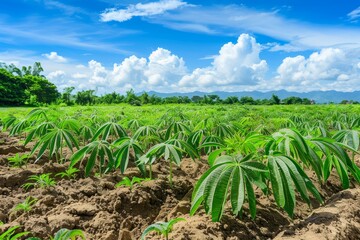 Naklejka premium Cassava plantation in Thailand rows of trees growing