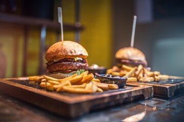 Delicious Homemade Hamburger with French Fries Close-Up on Wooden Background - 4K Ultra HD Image
