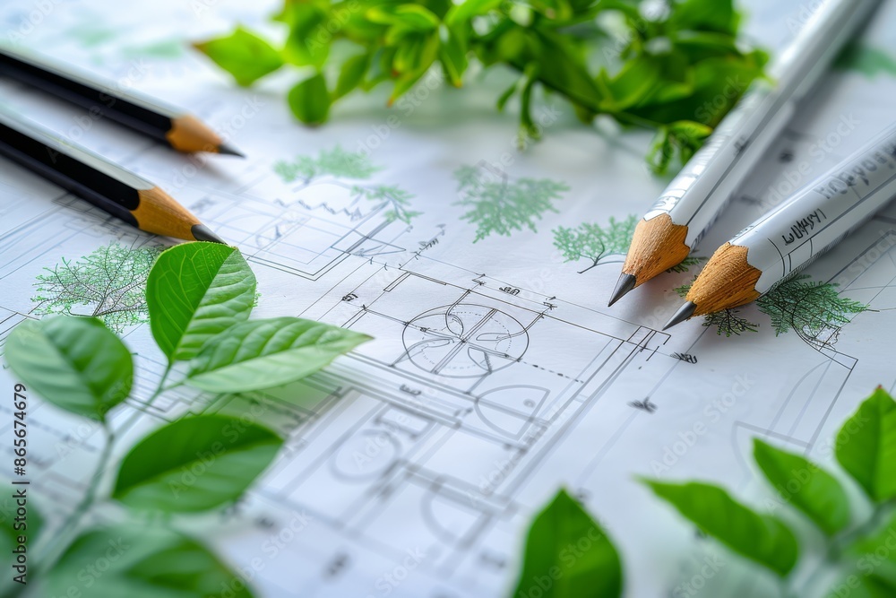 Poster architectural drawing with green pencils and leaves, illustrating the integration of nature and eco-