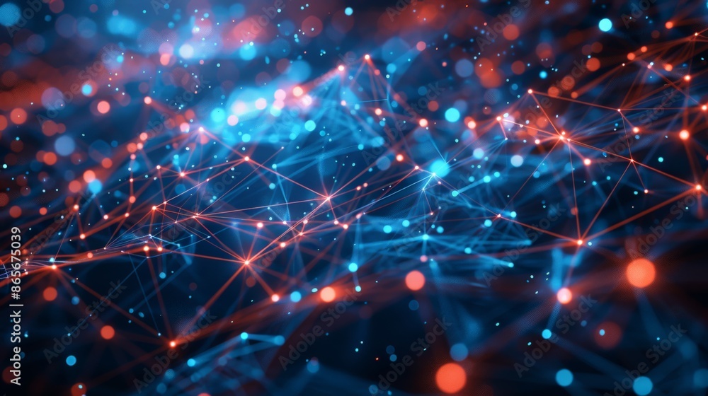 Poster Dynamic data visualization with connected nodes and glowing lines on a dark background. Ideal for business networking and digital technology concepts