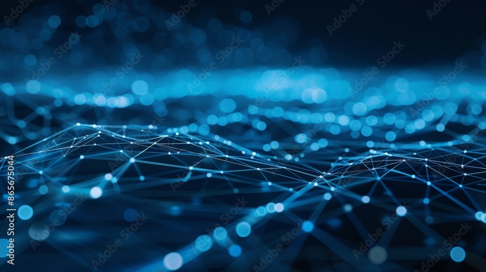 Poster abstract digital blue network with connecting dots and lines against a dark background. concept of m
