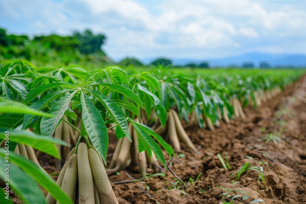 Poster cassava rows growing in thailand