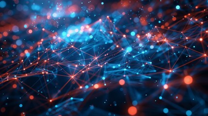 Dynamic data visualization with connected nodes and glowing lines on a dark background. Ideal for business networking and digital technology concepts