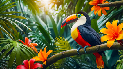 charming  toucan in the rainforest, tropical flowers Brazil