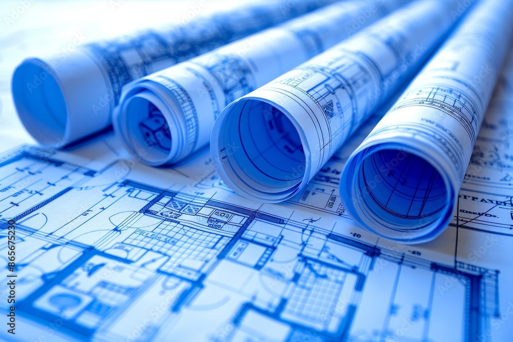 Poster rolled blueprints of engineering and architectural designs, representing detailed planning and techn