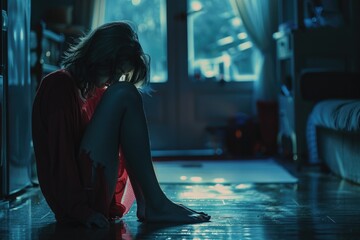 A person sitting on the floor in a dark room, possibly waiting for someone or lost