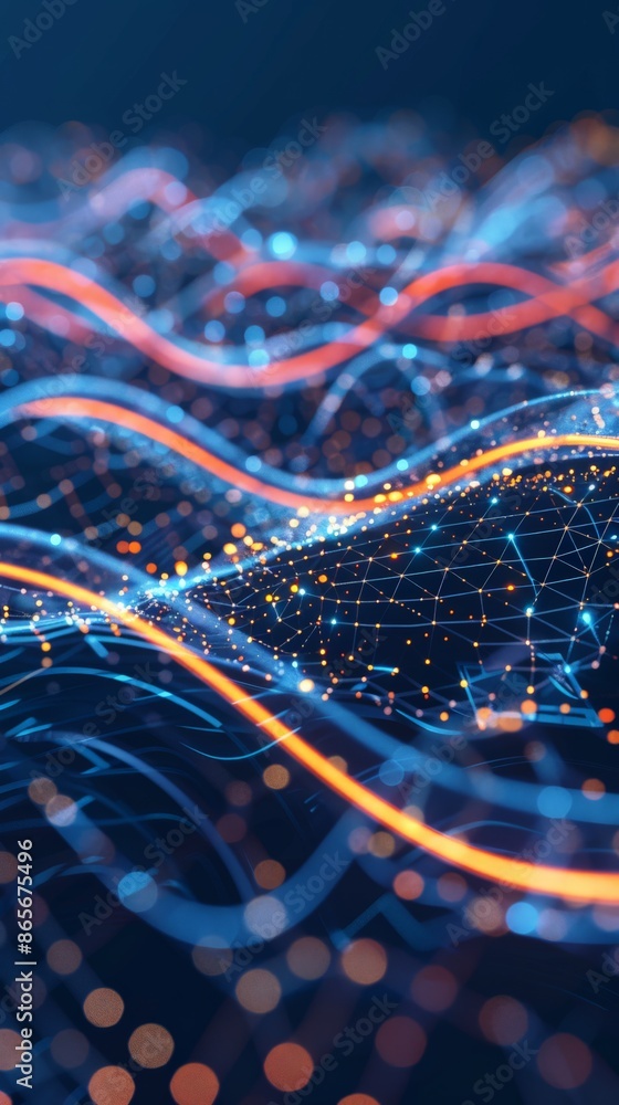 Poster Abstract wavy lines and dots in blue and orange forming a dynamic network. Concept of digital connectivity and data flow