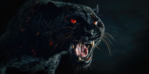 A close-up shot of a black leopard's face, mouth open