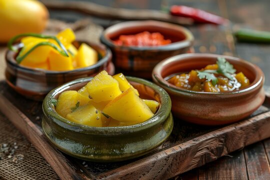 Ceramic bowls of homemade Indian pickles Mirchi Aam and Nimbu ka achar