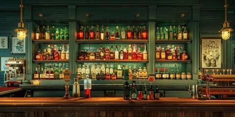 At the bar, a variety of bottles are neatly arranged on the counter