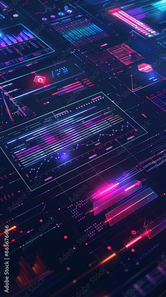 Poster Futuristic data visualization with neon lights and digital graphs on a dark background. Perfect for business analysis and technology themed projects