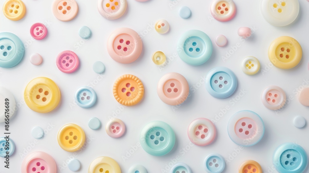 Poster many colorful buttons arranged on a clean and minimalist white background