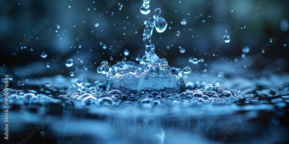 Poster closeup of a water droplet creating ripples on a blue surface, capturing the serene and dynamic moti