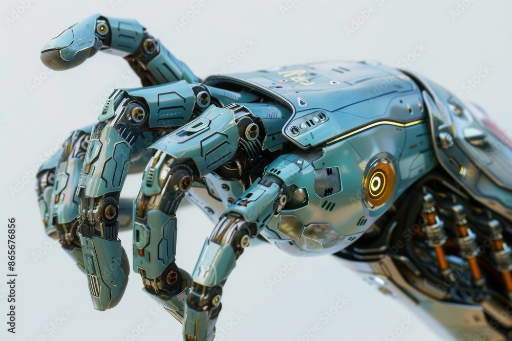 Poster a detailed view of a robot's arm showing its mechanical details and texture