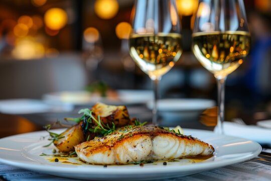 Elegant restaurant offers grilled fish fillet with white wine pairing for refined dining experience