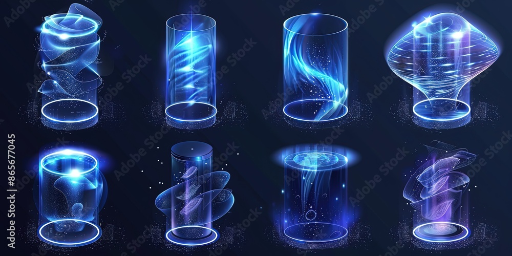 Poster many flasks with different processes in them on a black background
