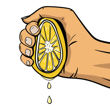 Hand squeezes lemon pop art comic book style PNG illustration