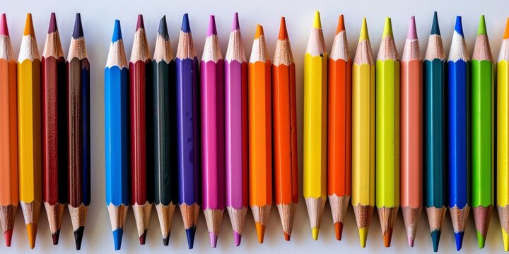 A bright set of multi-coloured pencils neatly arranged on a bright white surface