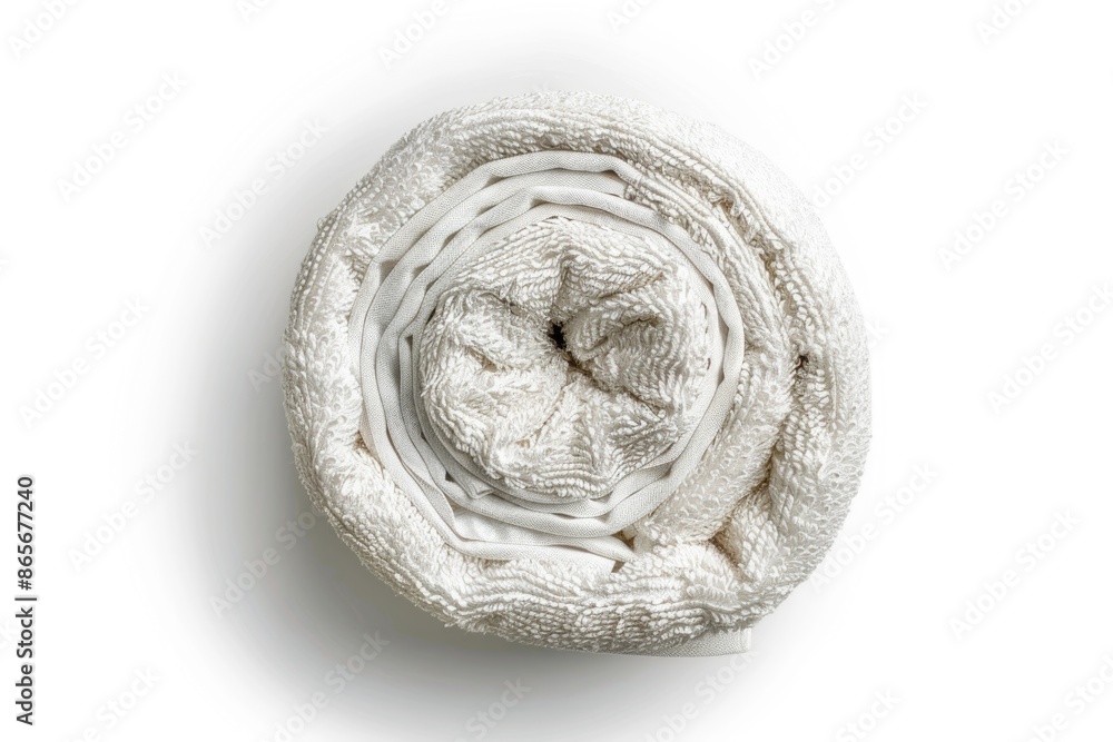 Poster a clean and tidy rolled up white towel on a white surface, perfect for use in various settings