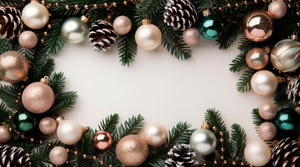 Vibrant Christmas tree branches covered in sparkling ornaments and twinkling lights, ample space in the middle for text or logo, evoking holiday cheer