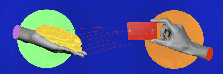 Creative abstract template collage panorama of hands hold golden coins credit card payment sell buy...