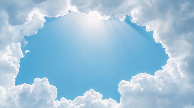 Vibrant blue sky with scattered cumulus clouds, the sun's rays highlighting the edges, creating a picturesque and inviting scene, ideal for outdoor-themed visuals or positive, uplifting content