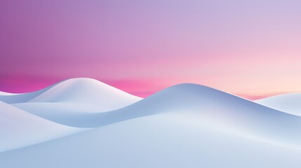 Winter wonderland with rolling snowy hills, under a mesmerizing sunset sky, soft pinks and purples blending together, creating a dreamlike atmosphere
