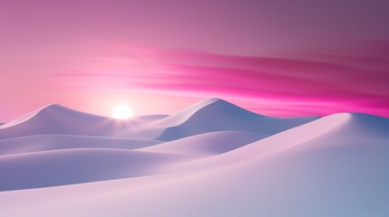 Winter wonderland with rolling snowy hills, under a mesmerizing sunset sky, soft pinks and purples blending together, creating a dreamlike atmosphere
