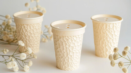 Biodegradable paper cups with a design are available in a beige color.