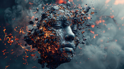 An abstract digital art piece depicting a face formed from burning rock and surrounded by smoke and flames