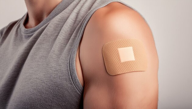 Mann hat ein Pflaster auf dem Oberarm  - Impfung oder sonstiges