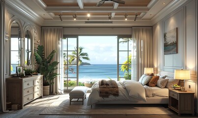 Fresh American style bedroom with coastal scenery outside the window and ceiling