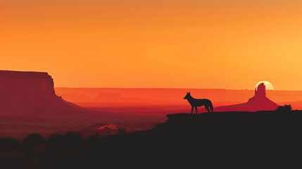 Panoramic view of Monument Valley American Southwest iconic sandstone butte mesa silhouetted against fiery hue of sunset captured using Sony Alpha 1 FE 2470mm f28 GM lens lone coyote howl distance