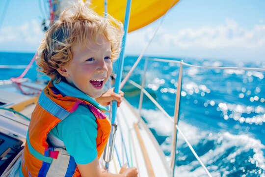 Children learning to sail on a yacht during a yachting class Beach vacation on tropical island for family
