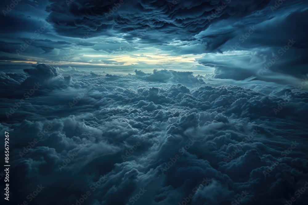 Poster aerial view of clouds from an airplane window, suitable for travel or weather related use